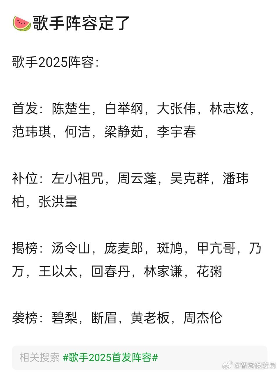 歌手2025首发阵容揭秘